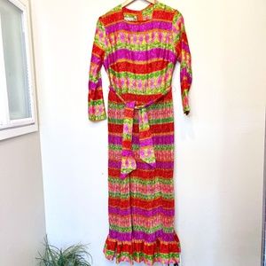 Krist | Retro 60's VTG Vibrant Color Block Belted Long Sleeve Pephem Maxi Dress